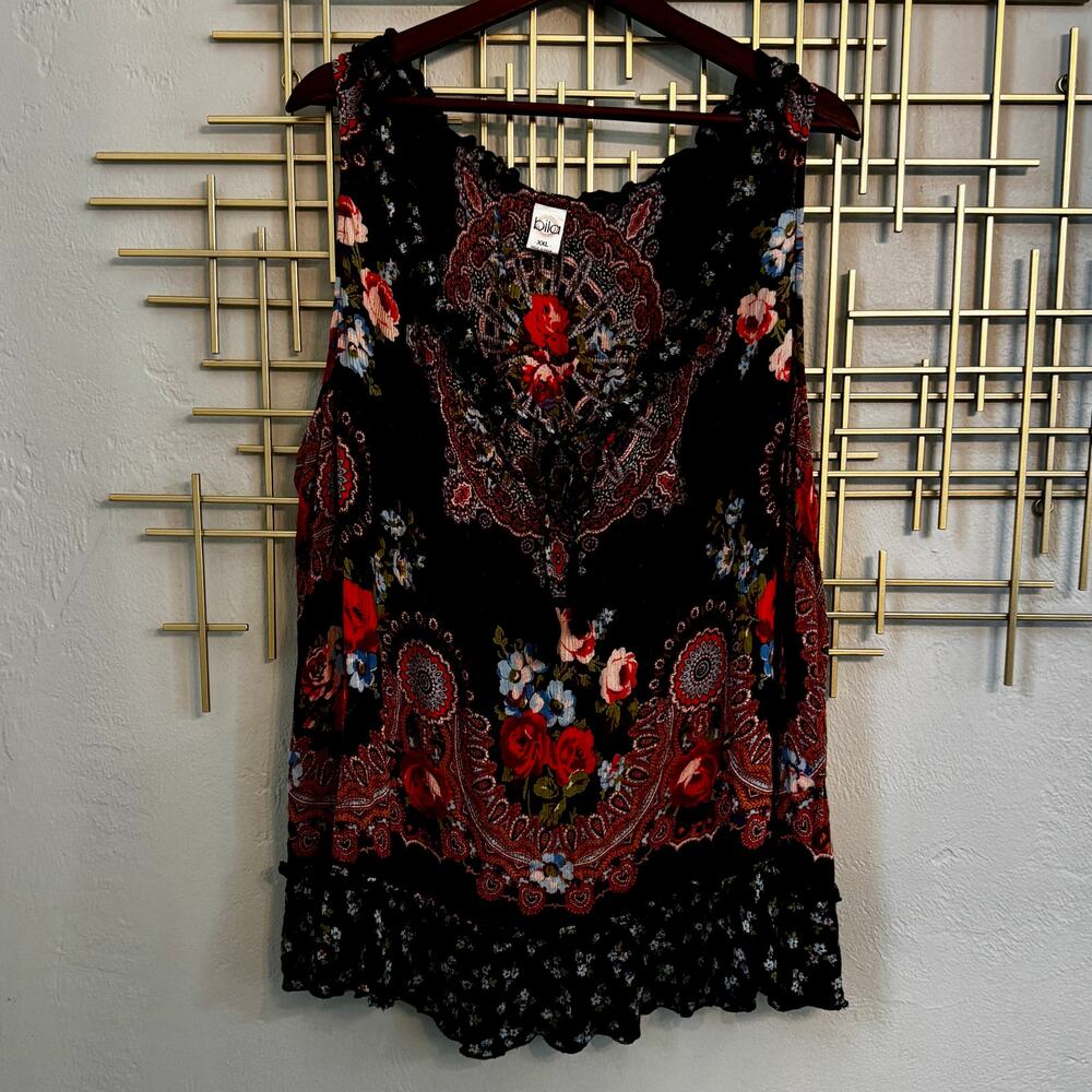Bila XXL Boho Floral Tie Front Sleeveless Tunic Top